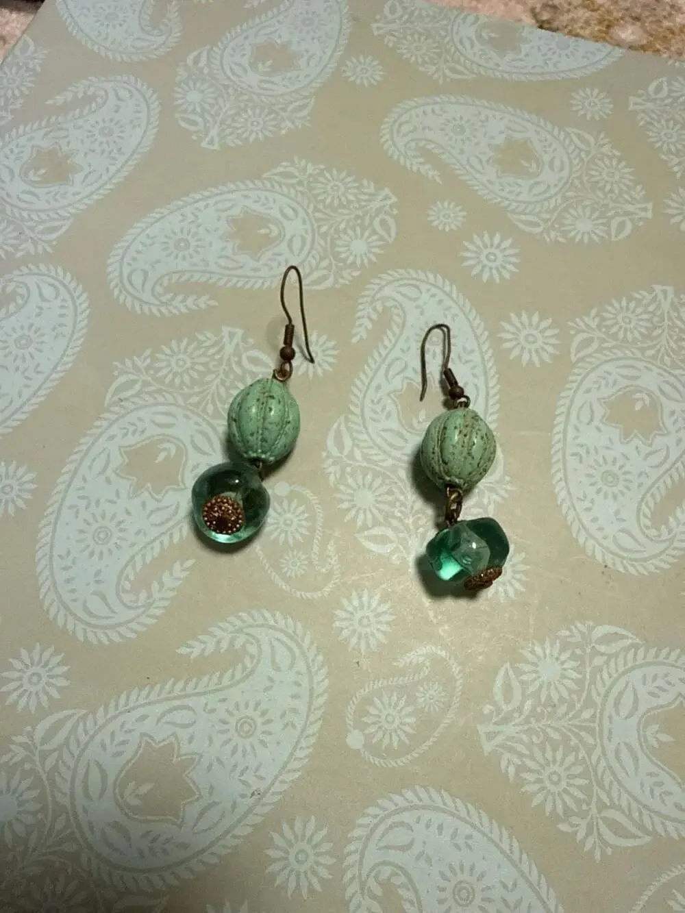 Japan Earthy Celadon French Vintage Crackle Bead Earrings ais... - Picture 1 of 12